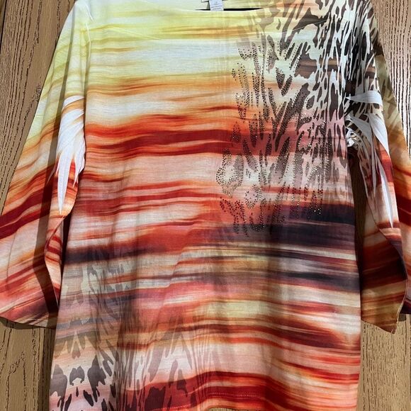 Chico’s Women Red Multi “SUNSET” Nature Inspired Print 3/4 Sleeve Top Sz-L - Picture 2 of 6